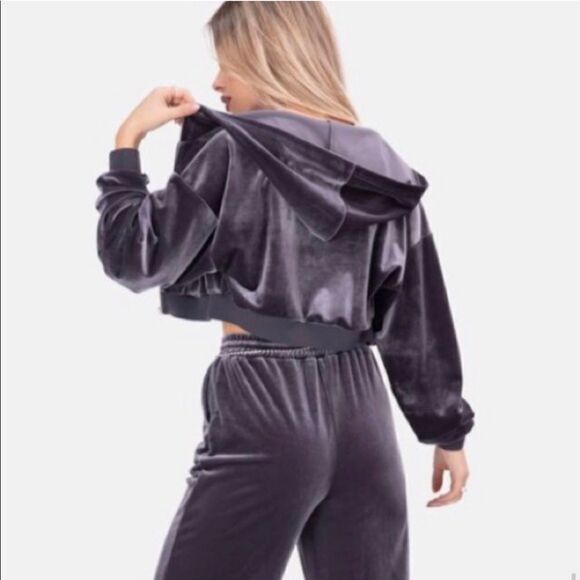 Adika Gambino Gray Zip-Up Velvet Crop Top Hoodie Size XL - Picture 2 of 12